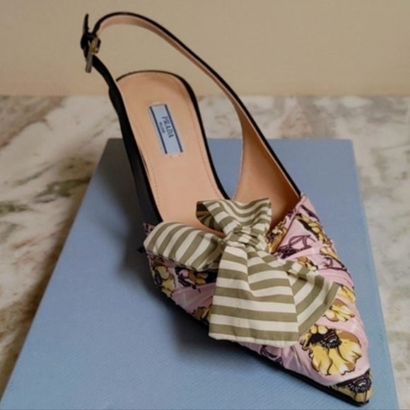 Prada Calzature Donna 40.5 Black Leather Slingback Kitten Heel Pointy Toe Fabric - Picture 1 of 16